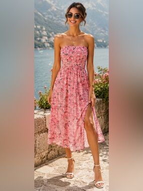Strapless Pink Printed Maxi Dress